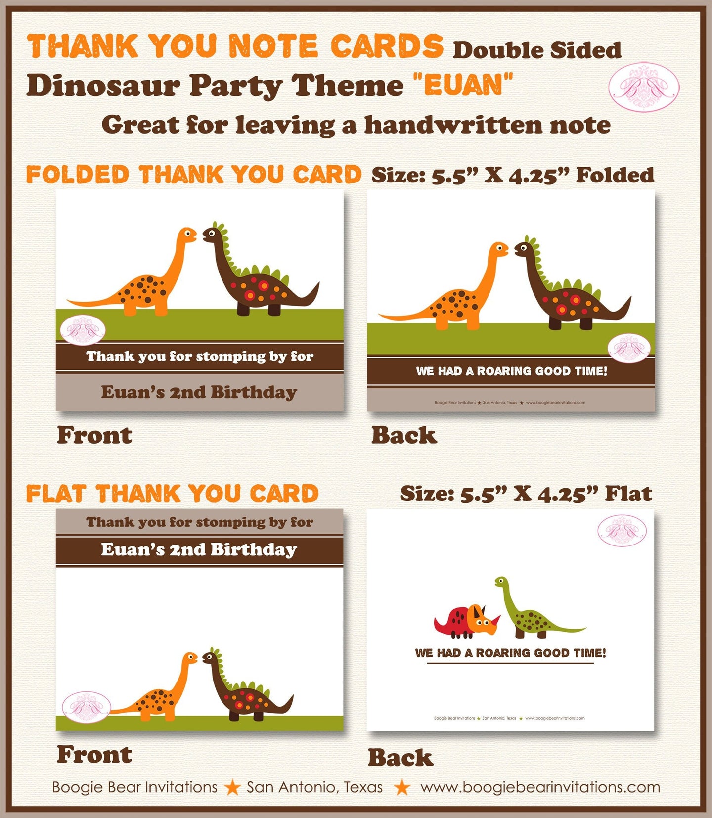 Dinosaur Birthday Party Thank You Card Little Dino Flat Folded Note Boy Girl Red Brown Stomp Roar Boogie Bear Invitations Euan Theme Printed