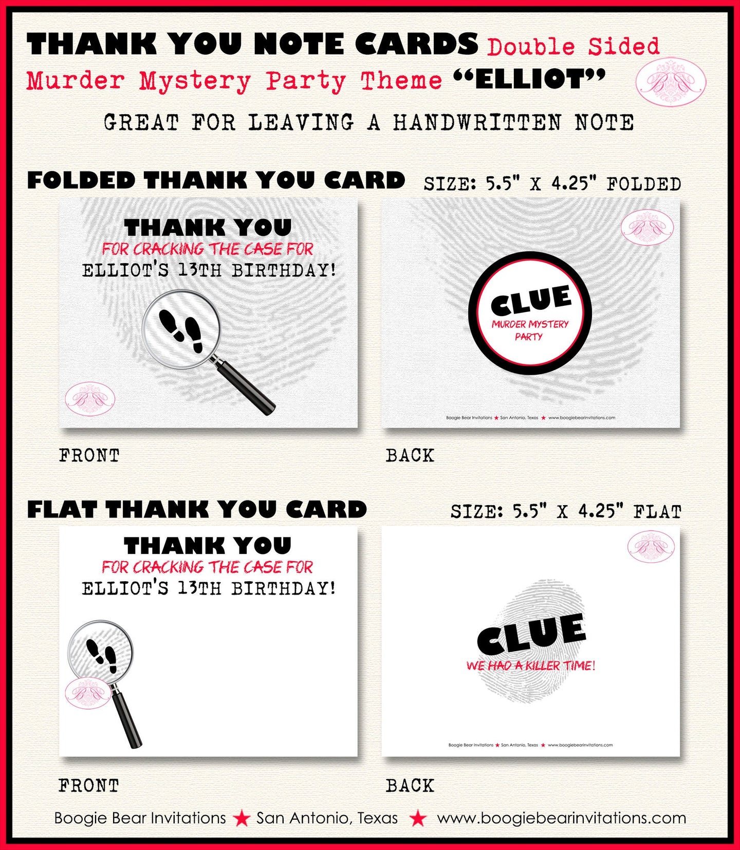 Murder Mystery Birthday Party Thank You Card op Secret Costume Vintage Clue Mission Private Eye Boogie Bear Invitations Elliot Theme Printed