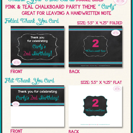 Chalkboard Pink Teal Birthday Party Thank You Card Graphic Scallop Number Script Text Font Blue Boogie Bear Invitations Carly Theme Printed