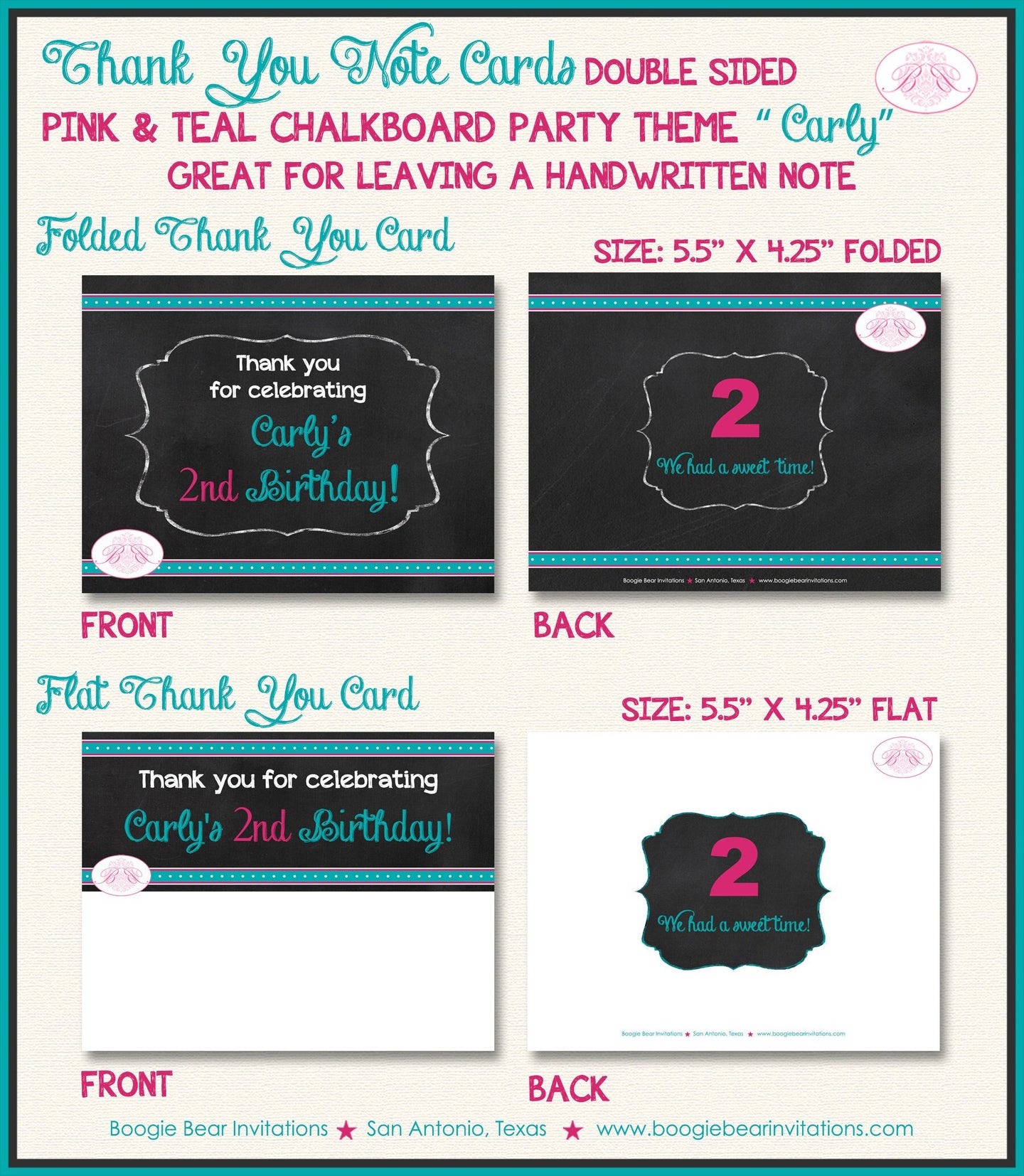 Chalkboard Pink Teal Birthday Party Thank You Card Graphic Scallop Number Script Text Font Blue Boogie Bear Invitations Carly Theme Printed