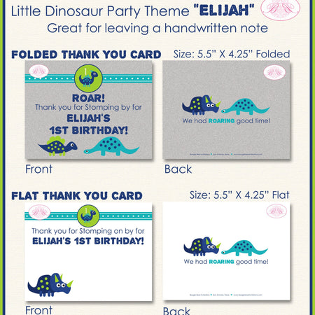 Blue Dinosaur Birthday Party Thank You Card Little Dino Flat Folded Note Boy Girl Stomp Roar Boogie Bear Invitations Elijah Theme Printed