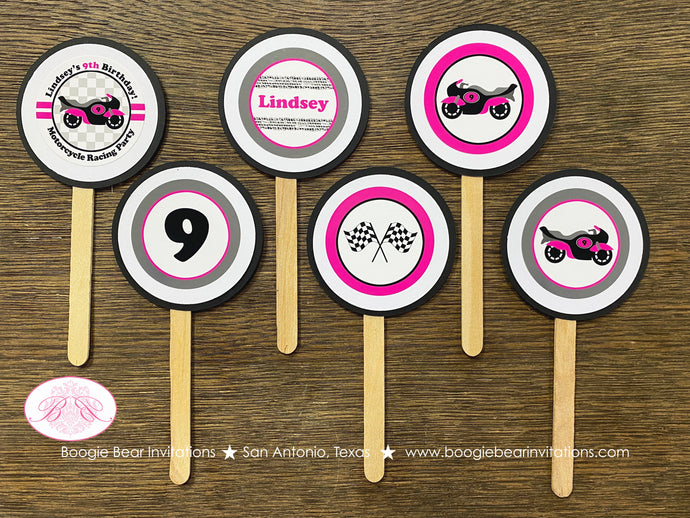 Pink Motorcycle Party Cupcake Toppers Birthday Girl Racing Black Enduro Motocross Race Track Racing Boogie Bear Invitations Lindsey Theme
