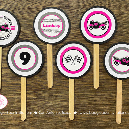 Pink Motorcycle Party Cupcake Toppers Birthday Girl Racing Black Enduro Motocross Race Track Racing Boogie Bear Invitations Lindsey Theme