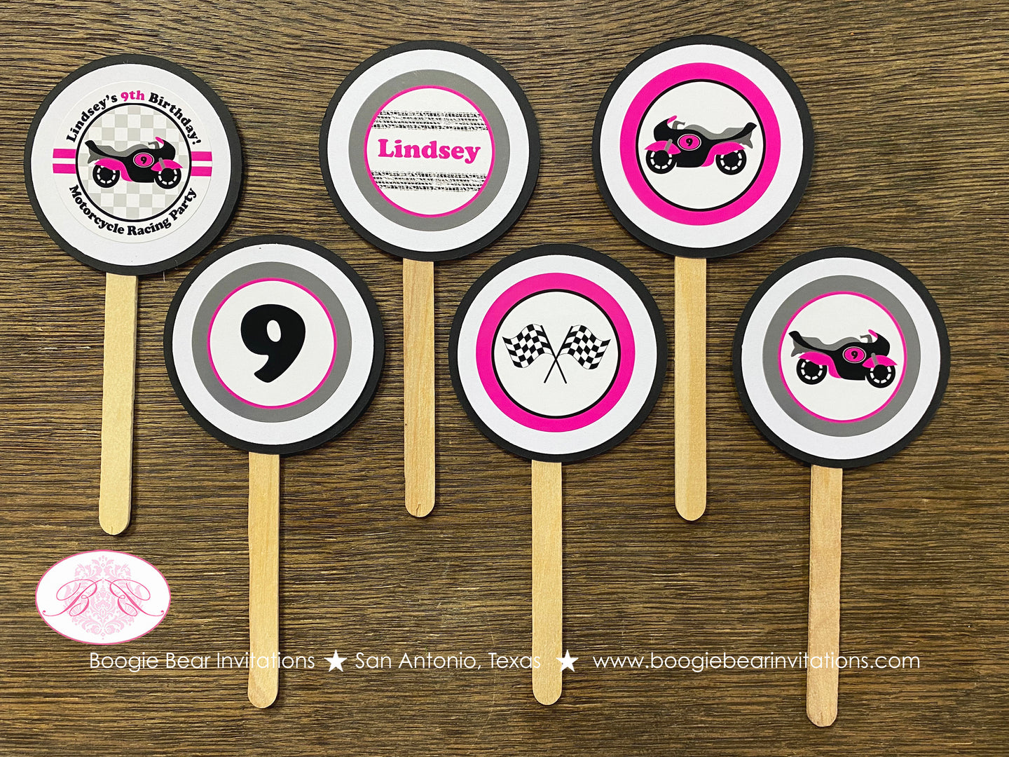 Pink Motorcycle Party Cupcake Toppers Birthday Girl Racing Black Enduro Motocross Race Track Racing Boogie Bear Invitations Lindsey Theme