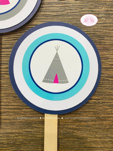Teepee Arrow Birthday Party Cupcake Toppers Set Pink Navy Blue Teal Aqua Turquoise Girl Indian Pow Wow Boogie Bear Invitations Rayna Theme