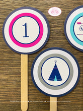 Load image into Gallery viewer, Teepee Arrow Birthday Party Cupcake Toppers Set Pink Navy Blue Teal Aqua Turquoise Girl Indian Pow Wow Boogie Bear Invitations Rayna Theme