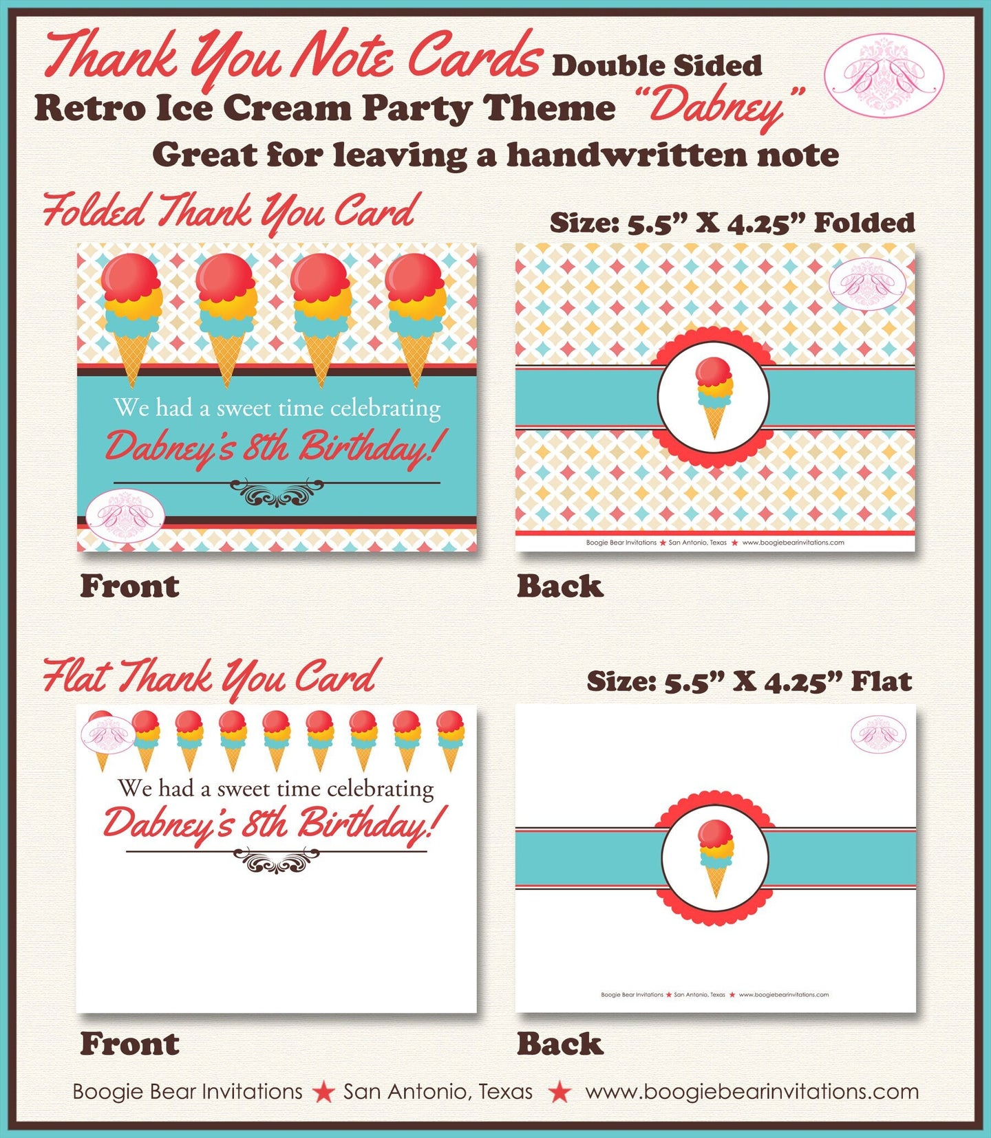 Retro Ice Cream Party Thank You Card Birthday Soda Shop Sweet Popsicle Summer Dessert Boy Girl Boogie Bear Invitations Dabney Theme