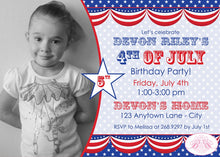 Load image into Gallery viewer, 4th of July Birthday Photo Party Invitation Fireworks Flag Independence Day Boogie Bear Invitations Devon Theme Paperless Printable Printed