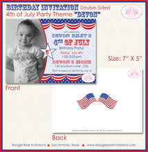 Load image into Gallery viewer, 4th of July Birthday Photo Party Invitation Fireworks Flag Independence Day Boogie Bear Invitations Devon Theme Paperless Printable Printed