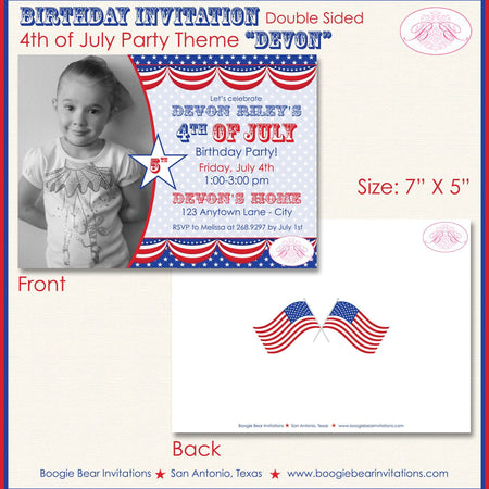 4th of July Birthday Photo Party Invitation Fireworks Flag Independence Day Boogie Bear Invitations Devon Theme Paperless Printable Printed