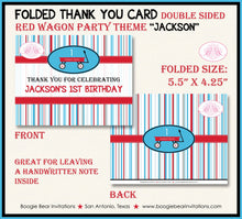 Load image into Gallery viewer, Red Wagon Birthday Party Thank You Card Boy Girl Blue Black Stripe Modern Toy Ride Wheels Play Boogie Bear Invitations Jackson Theme Printed