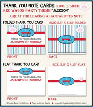 Load image into Gallery viewer, Red Wagon Birthday Party Thank You Card Boy Girl Blue Black Stripe Modern Toy Ride Wheels Play Boogie Bear Invitations Jackson Theme Printed