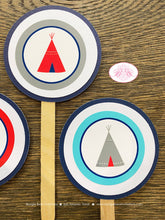Load image into Gallery viewer, Teepee Arrow Birthday Party Cupcake Toppers Set Red Navy Blue Teal Aqua Turquoise Indian Pow Wow Boy Boogie Bear Invitations Ryder Theme