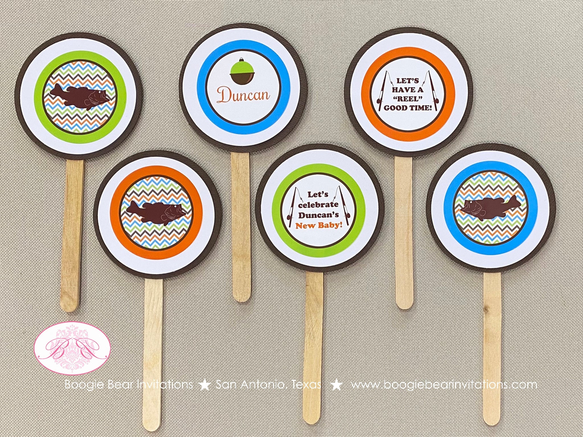 Bass Fish Fishing Baby Shower Cupcake Toppers Set Birthday Party Girl –  Boogie Bear Invitations