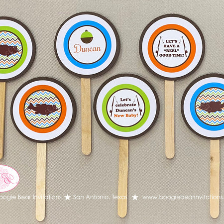 Bass Fish Fishing Baby Shower Cupcake Toppers Set Birthday Party Girl Boy Green Brown Orange Blue River Boogie Bear Invitations Duncan Theme