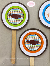 Load image into Gallery viewer, Bass Fish Fishing Baby Shower Cupcake Toppers Set Birthday Party Girl Boy Green Brown Orange Blue River Boogie Bear Invitations Duncan Theme