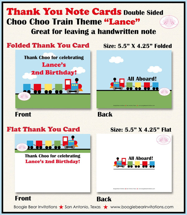 Train Birthday Party Thank You Card Retro Note Blocks Girl Boy Choo Choo Red Yellow Blue Green Boogie Bear Invitations Lance Theme Printed