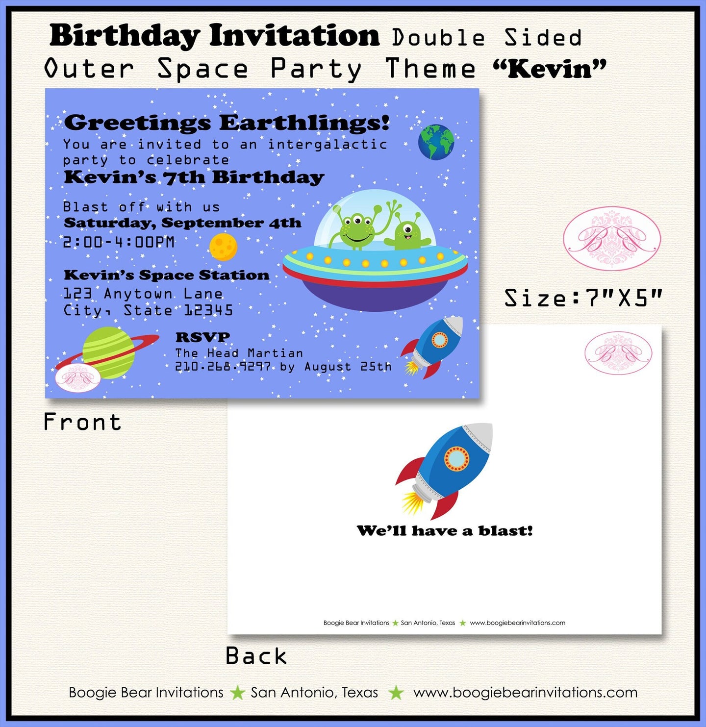 Outer Space Birthday Party Invitation Boy Girl Martian Solar System Galaxy Boogie Bear Invitations Kevin Theme Paperless Printable Printed
