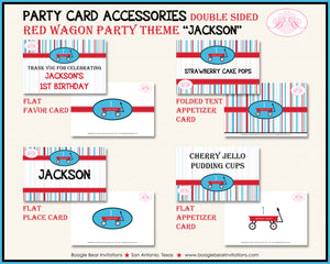 Red Wagon Birthday Favor Party Card Appetizer Food Place Sign Label Boy Girl Blue Black Modern Ride Boogie Bear Invitations Jackson Theme