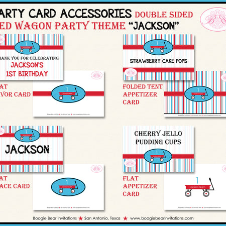 Red Wagon Birthday Favor Party Card Appetizer Food Place Sign Label Boy Girl Blue Black Modern Ride Boogie Bear Invitations Jackson Theme