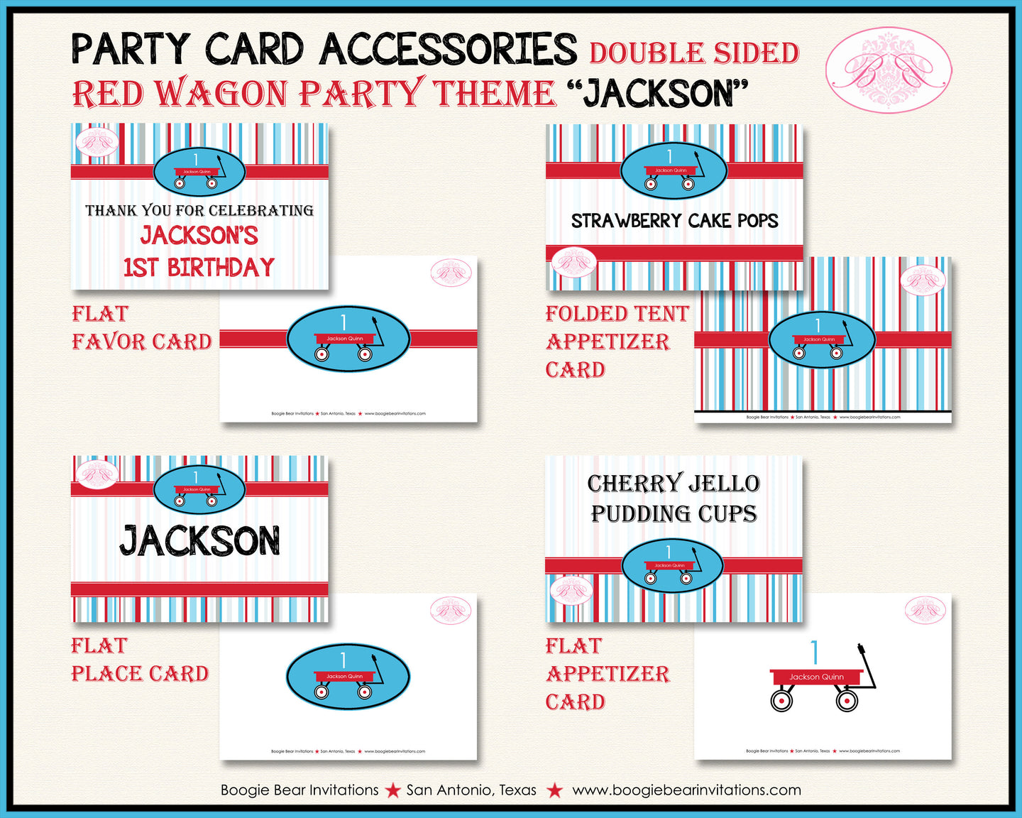 Red Wagon Birthday Favor Party Card Appetizer Food Place Sign Label Boy Girl Blue Black Modern Ride Boogie Bear Invitations Jackson Theme