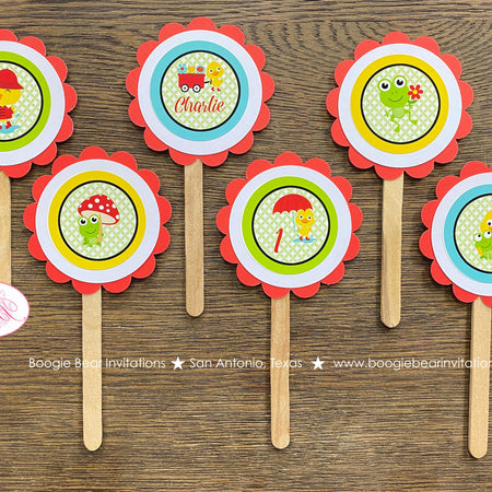 Frog Duck Birthday Party Cupcake Toppers Red Boy Girl Spring Flowers Rain Gardening Garden Green Wagon Boogie Bear Invitations Charlie Theme