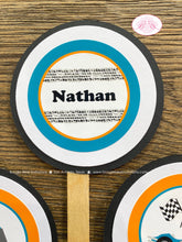 Load image into Gallery viewer, Race Car Party Cupcake Toppers Birthday Racing Track Teal Orange Checkered Flag Helmet Team Boy Girl Boogie Bear Invitations Nathan Theme