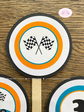 Load image into Gallery viewer, Race Car Party Cupcake Toppers Birthday Racing Track Teal Orange Checkered Flag Helmet Team Boy Girl Boogie Bear Invitations Nathan Theme