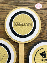 Load image into Gallery viewer, Theater Ticket Play Birthday Party Cupcake Toppers Set Actor Gold Black Star Theatre Stage Performance Boogie Bear Invitations Keegan Theme