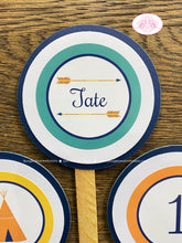 Load image into Gallery viewer, Teepee Arrow Birthday Party Cupcake Toppers Set Orange Navy Blue Yellow Green Boy Girl Indian Pow Wow Boogie Bear Invitations Tate Theme