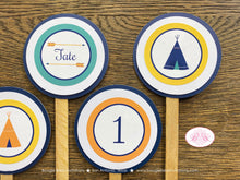 Load image into Gallery viewer, Teepee Arrow Birthday Party Cupcake Toppers Set Orange Navy Blue Yellow Green Boy Girl Indian Pow Wow Boogie Bear Invitations Tate Theme