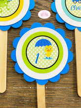 Load image into Gallery viewer, Frog Duck Birthday Party Cupcake Toppers Blue Boy Spring Flowers Rain Gardening Garden Green Wagon Boogie Bear Invitations Charlton Theme