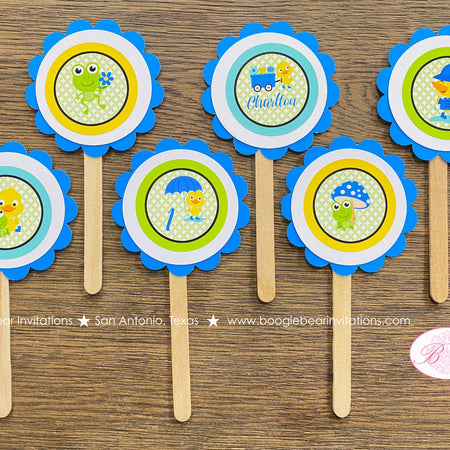 Frog Duck Birthday Party Cupcake Toppers Blue Boy Spring Flowers Rain Gardening Garden Green Wagon Boogie Bear Invitations Charlton Theme