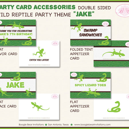Reptile Birthday Party Favor Card Tent Place Food Appetizer Folded Tag Flat Snake Frog Lizard Jungle Zoo Boogie Bear Invitations Jake Theme