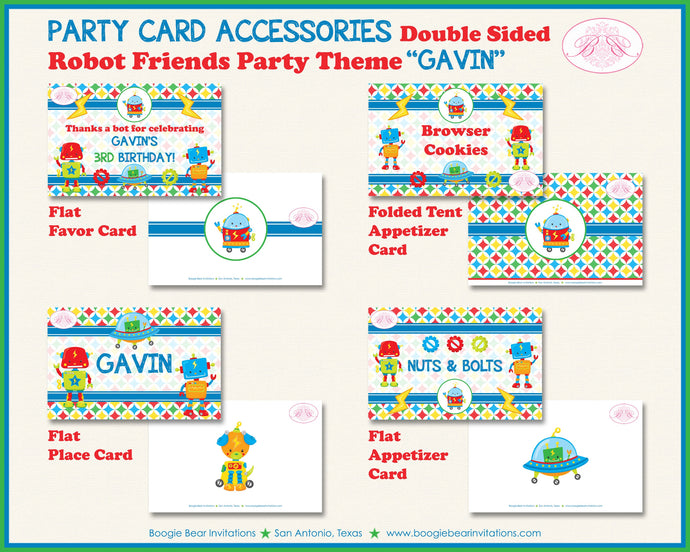 Robot Birthday Party Favor Card Tent Place Appetizer Tag Food Flat Boy Girl Electric Nuts Bolts Gears Boogie Bear Invitations Gavin Theme