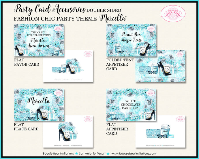 Fashion Chic Birthday Favor Party Card Tent Place Food Tag Blue Aqua Black Heels Shoes & Co Present Boogie Bear Invitations Marcella Theme