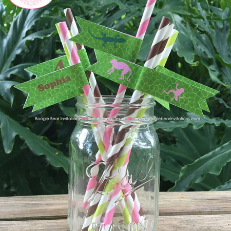 Pink Rainforest Party Birthday Paper Straws Girl Pennant Drink Beverage Rain Forest Amazon Jungle Zoo Boogie Bear Invitations Sophia Theme