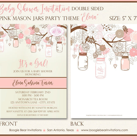 Pink Mason Jar Baby Shower Invitation Girl Flower Birthday Party Picnic Tree Boogie Bear Invitations Elena Theme Paperless Printable Printed