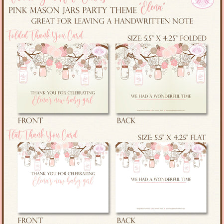 Pink Mason Jars Baby Shower Thank You Card Birthday Party Spring Summer Picnic Garden Birds Tree Boogie Bear Invitations Elena Theme Printed