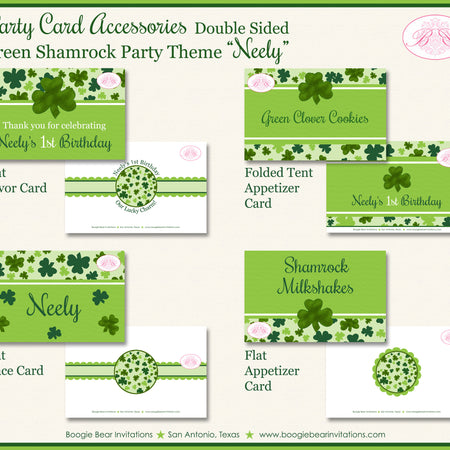 Green Shamrock Birthday Favor Party Card Appetizer Tent Place Food Tag St. Patrick's Day 4 Leaf Clover Boogie Bear Invitations Neely Theme