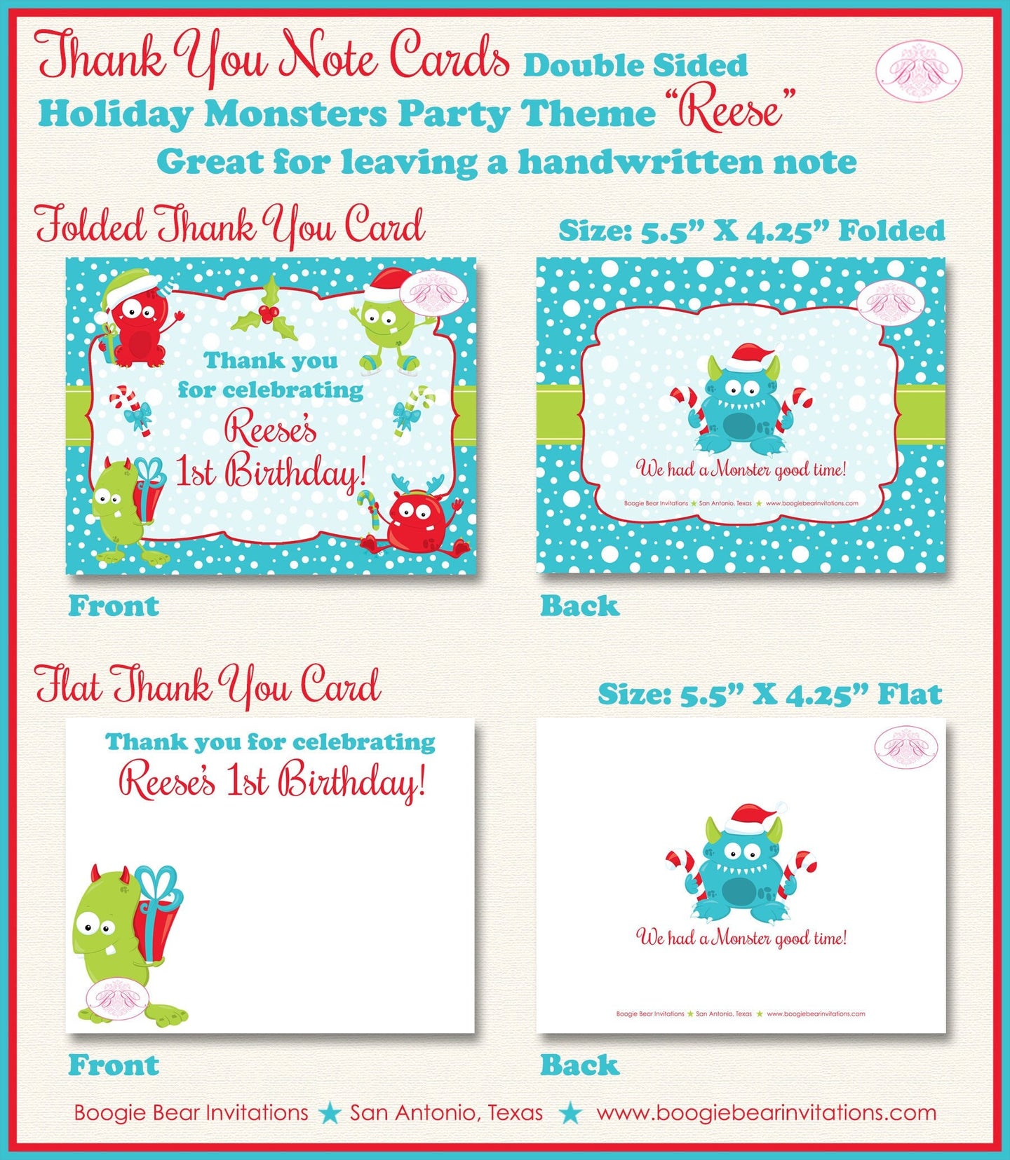 Christmas Monster Party Thank You Cards Birthday Winter Holiday Boy Girl Santa Hat Snowflake Boogie Bear Invitations Reese Theme Printed