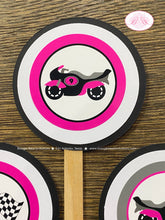 Load image into Gallery viewer, Pink Motorcycle Party Cupcake Toppers Birthday Girl Racing Black Enduro Motocross Race Track Racing Boogie Bear Invitations Lindsey Theme