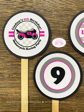 Load image into Gallery viewer, Pink Motorcycle Party Cupcake Toppers Birthday Girl Racing Black Enduro Motocross Race Track Racing Boogie Bear Invitations Lindsey Theme