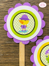 Load image into Gallery viewer, Frog Duck Birthday Party Cupcake Toppers Purple Girl Spring Flowers Rain Gardening Garden Green Wagon Boogie Bear Invitations Charlene Theme