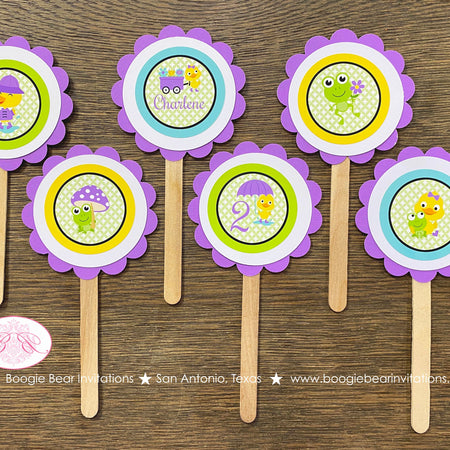 Frog Duck Birthday Party Cupcake Toppers Purple Girl Spring Flowers Rain Gardening Garden Green Wagon Boogie Bear Invitations Charlene Theme
