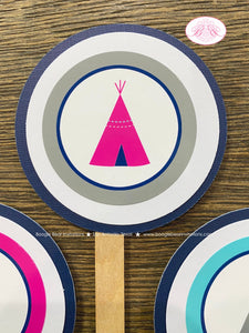 Teepee Arrow Birthday Party Cupcake Toppers Set Pink Navy Blue Teal Aqua Turquoise Girl Indian Pow Wow Boogie Bear Invitations Rayna Theme