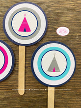 Load image into Gallery viewer, Teepee Arrow Birthday Party Cupcake Toppers Set Pink Navy Blue Teal Aqua Turquoise Girl Indian Pow Wow Boogie Bear Invitations Rayna Theme
