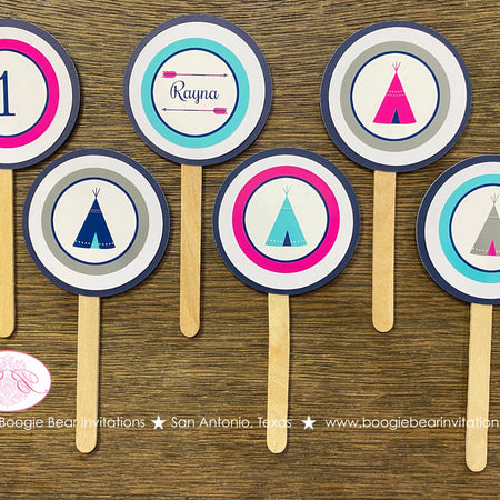 Teepee Arrow Birthday Party Cupcake Toppers Set Pink Navy Blue Teal Aqua Turquoise Girl Indian Pow Wow Boogie Bear Invitations Rayna Theme