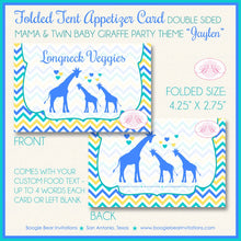 Load image into Gallery viewer, Twin Giraffe Baby Shower Favor Card Tent Place Appetizer Food Sign Label Tag Boy Blue Aqua Zoo Boogie Bear Invitations Jaylen Theme Printed