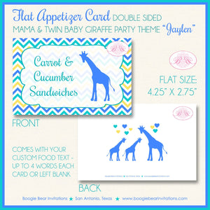Twin Giraffe Baby Shower Favor Card Tent Place Appetizer Food Sign Label Tag Boy Blue Aqua Zoo Boogie Bear Invitations Jaylen Theme Printed